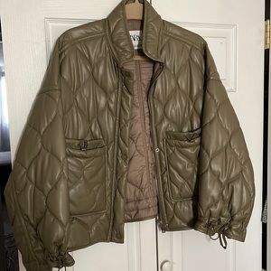 Green leather zara quilted padded jacket